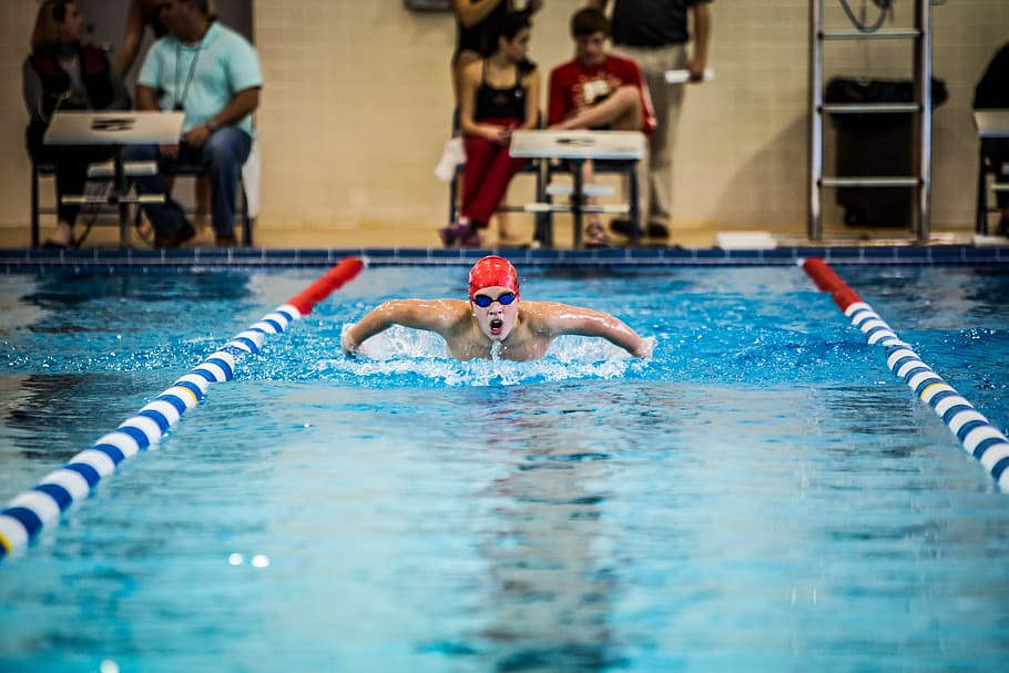 man swimming in pool near people, butterfly, competition, swim team HD wallpaper