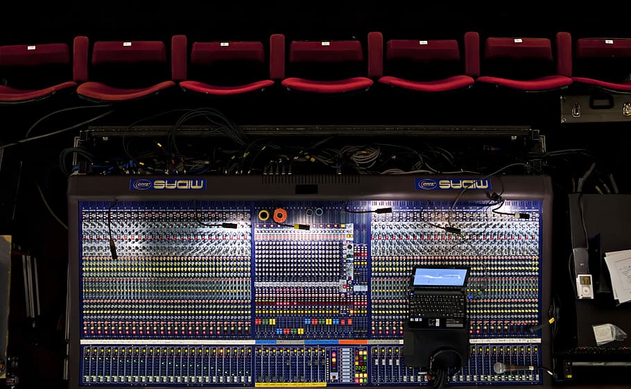 flat-lay photo of mixing console, top photo of blue and black audio mixer, HD wallpaper