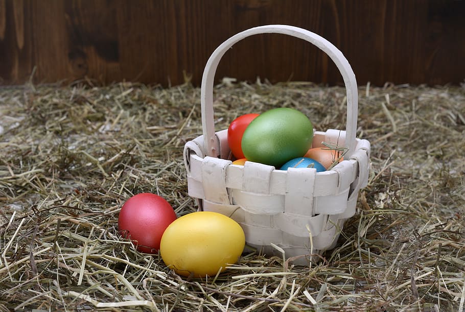food, wood, grass, colourful, basket, decoration, easter, easter eggs HD wallpaper