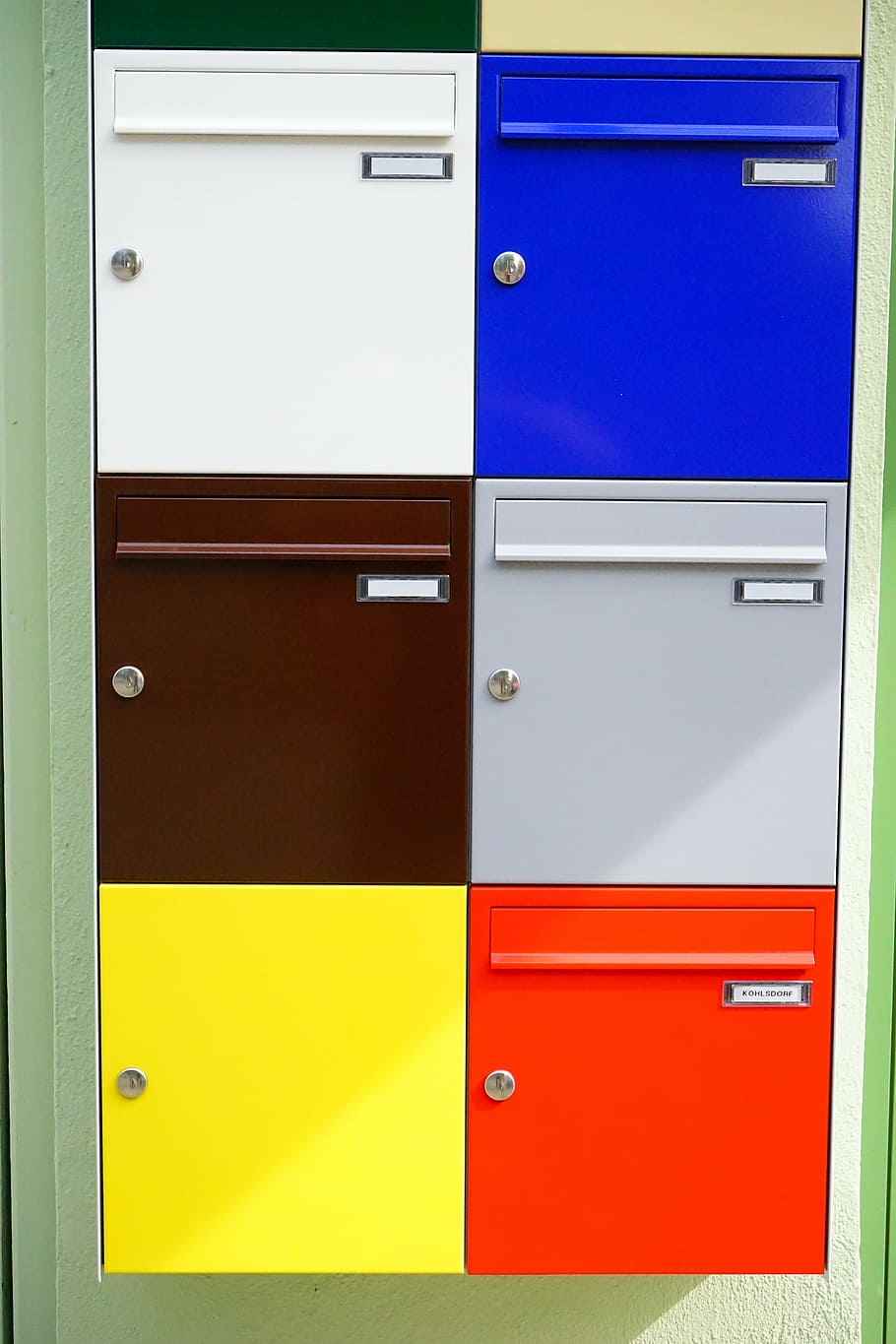 letter boxes, colorful, post, house number, yellow, red, blue, HD wallpaper
