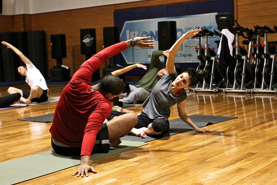 group of people doing yoga exercise, gymnasium, exercising HD wallpaper