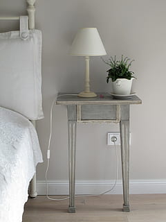 white table lamp on the top of grey wooden side table, bedroom HD wallpaper