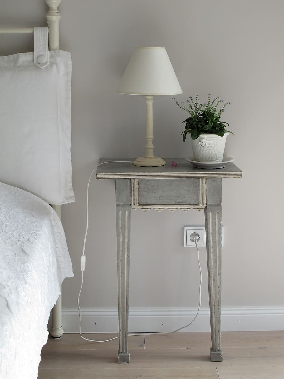 white table lamp on the top of grey wooden side table, bedroom HD wallpaper