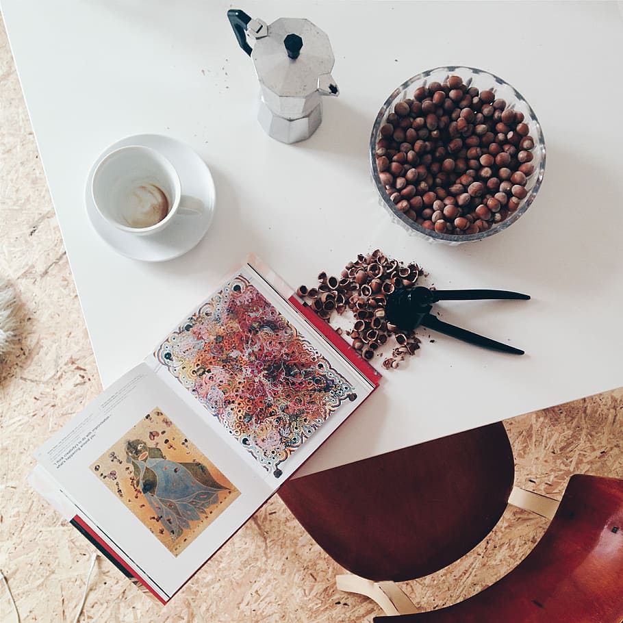 Nuts and coffee at home, drink, relax, top view, white, food HD wallpaper
