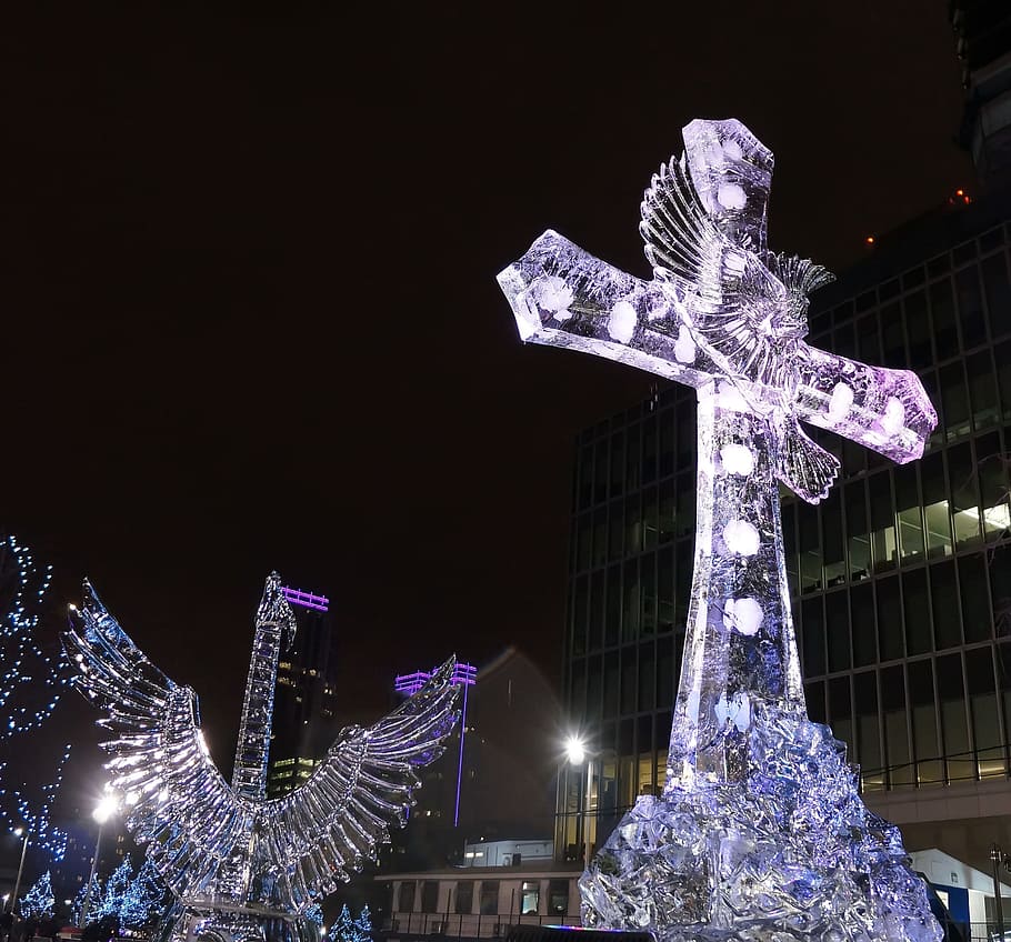 Cross, Wing, Bird, Ice, Winter, Guitar, white, light, purple HD wallpaper