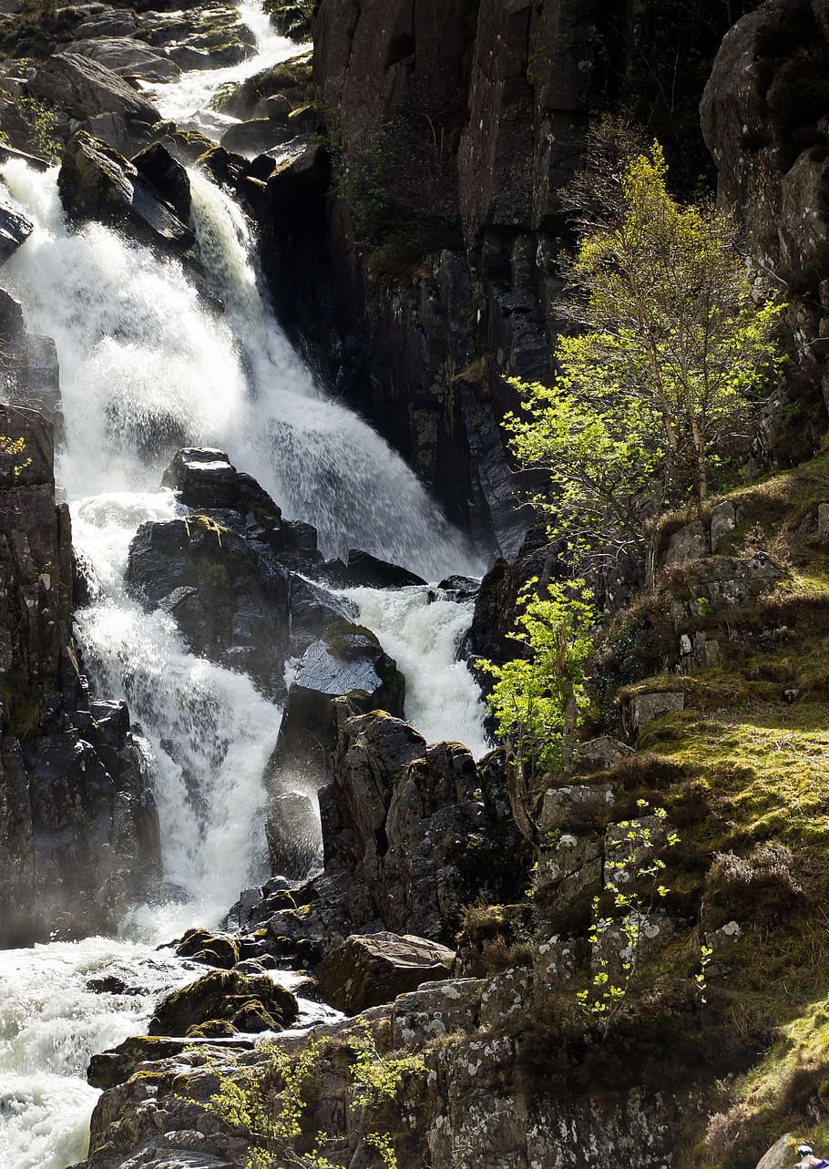 high angle photo of waterfalls, lower ogwen waterfall, wales