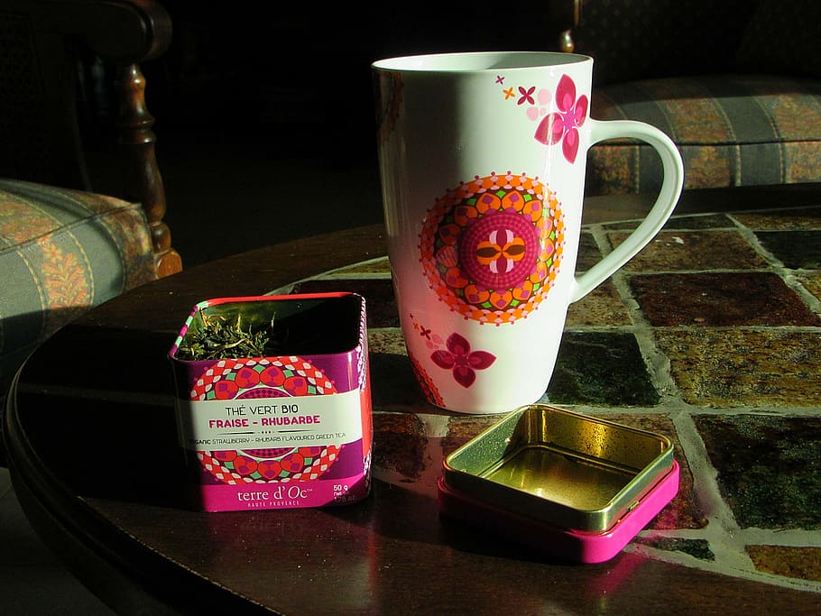 cup, mug, tea, tea leaves, tin, porcelain, drink, indoors, no people HD wallpaper