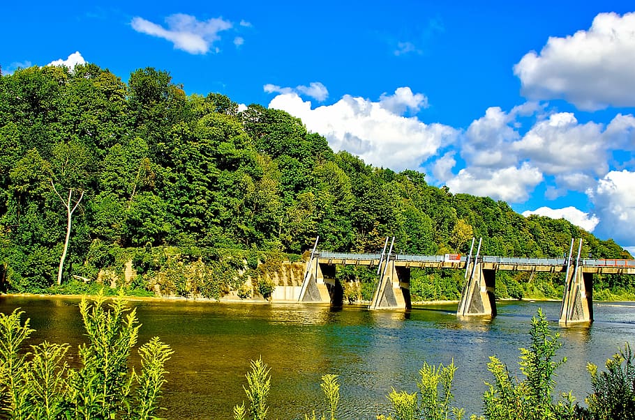 bridge, river, water, bushes, nature, summer, landscape, clouds HD wallpaper