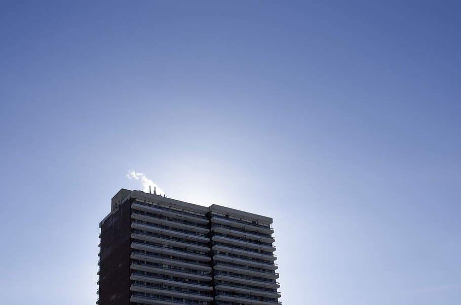 worm's eye view photo of high-rise building, photo of blue building under clear sky HD wallpaper