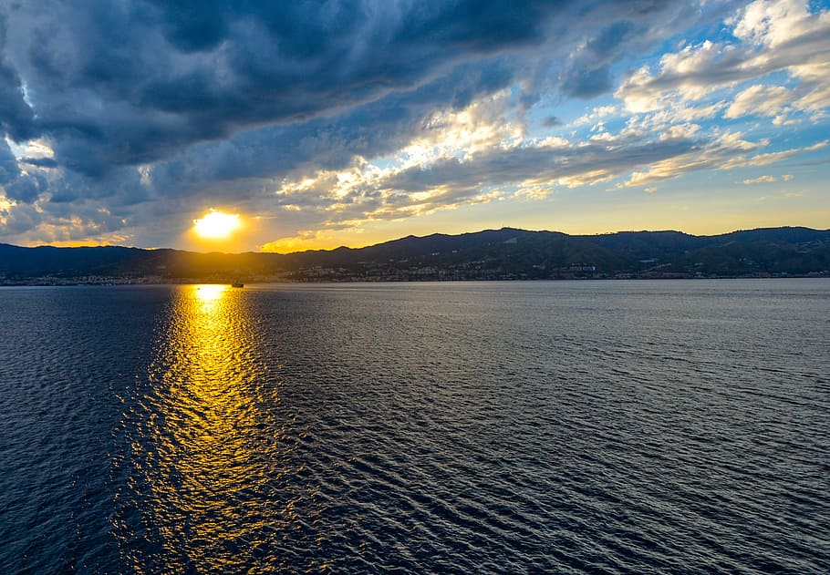 sicily, sunset, sky, clouds, blue, boat, rays, sea, mediterranean HD wallpaper