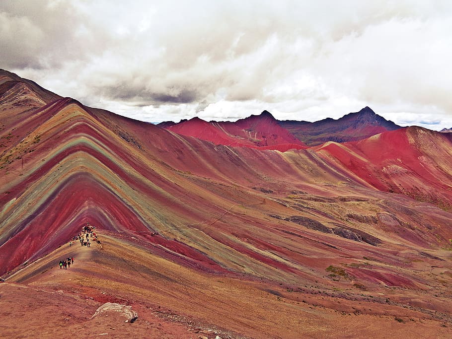 mountain under cloudy sky during daytime, peru, cusco, rainbow mountains HD wallpaper