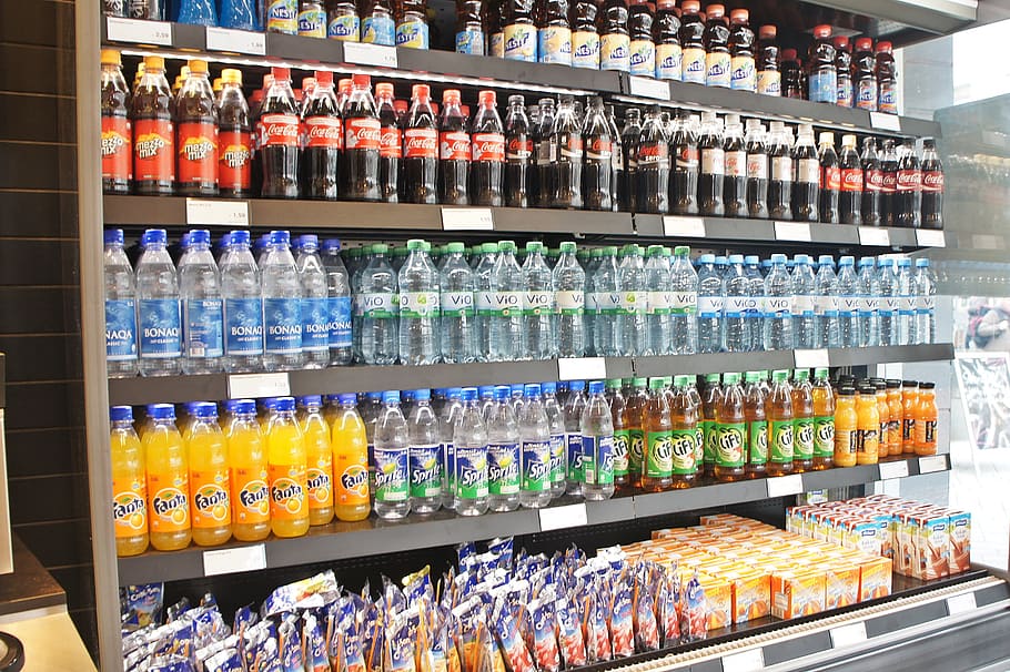 beverage bottles on shelf, cooling, soft drinks, coke, break time HD wallpaper