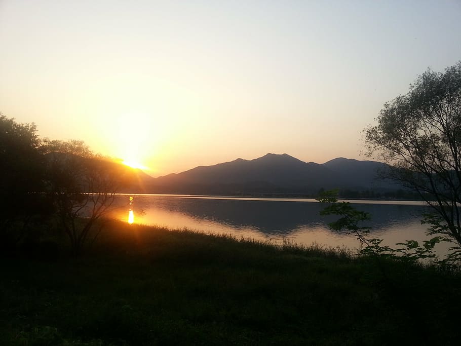 in the evening, glow, sunset, lake, nature, mountain, landscape HD wallpaper