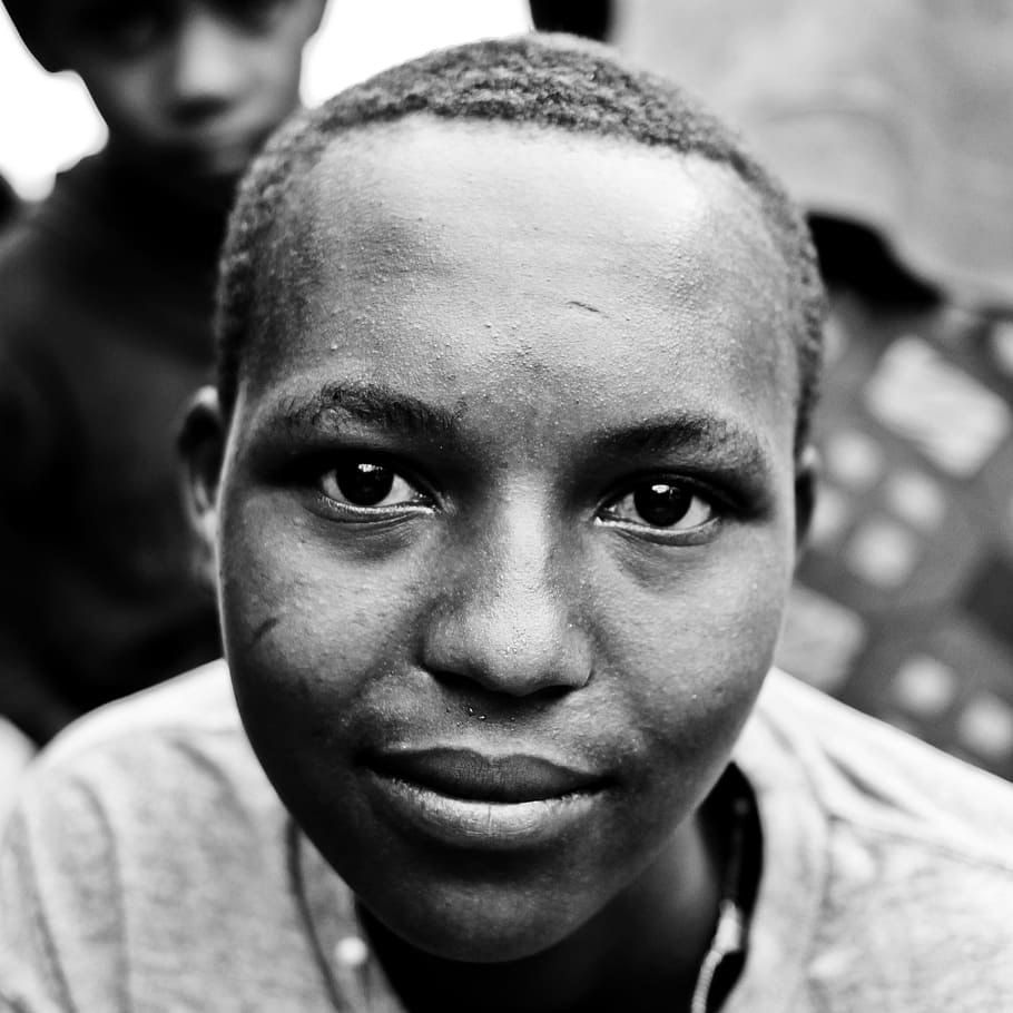 grayscale photo of boy, face, portrait, girl, africa burundi, HD wallpaper