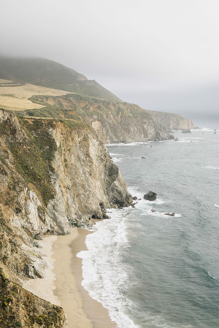 untitled, cliff, rock, beach, coast, coastline, mist, fog, cloud HD wallpaper