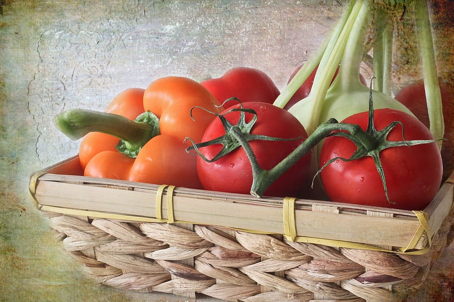 tomatoes on brown wicker basket, trusses, vegetables, healthy HD wallpaper