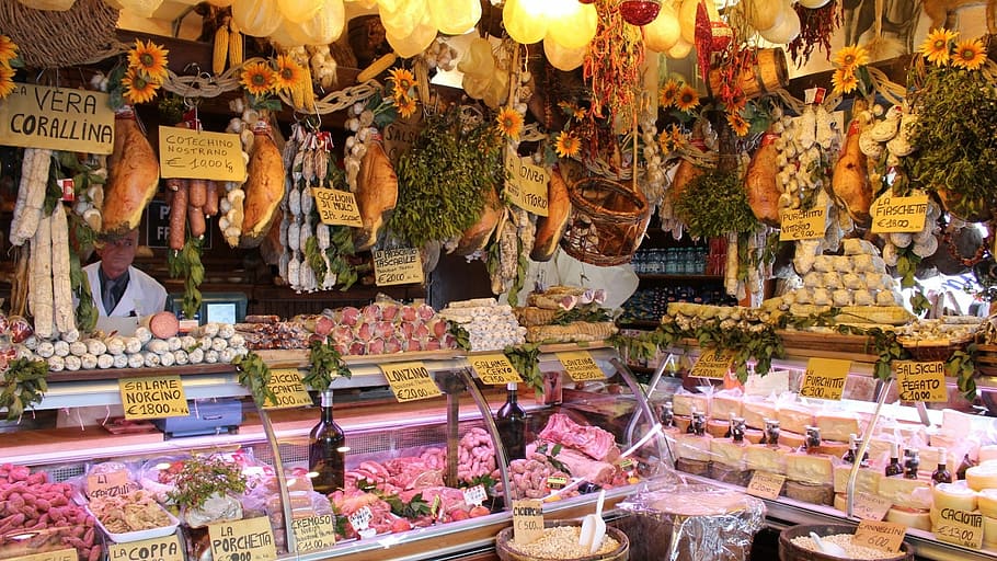man in white suit inside store, Norcia, Butchery, Cold Cuts HD wallpaper
