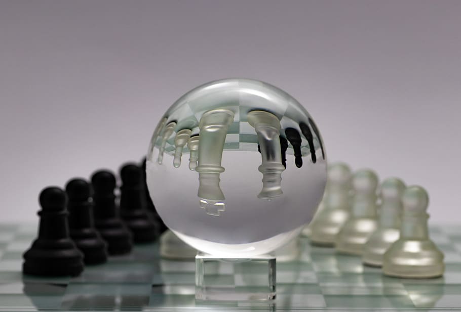 chess, glass ball, bauer, king, lady, chess board, chess pieces, HD wallpaper