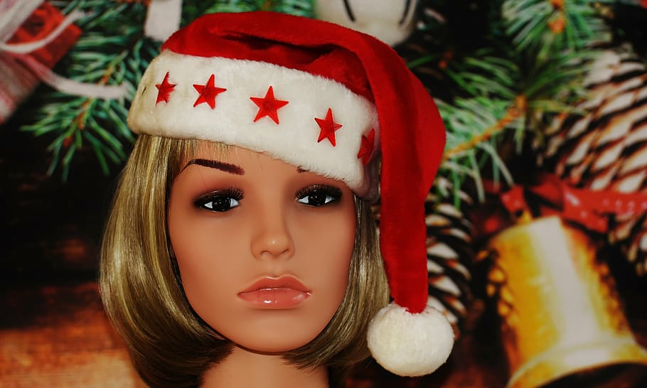 woman, pretty, christmas, santa hat, face, young, shooting, HD wallpaper
