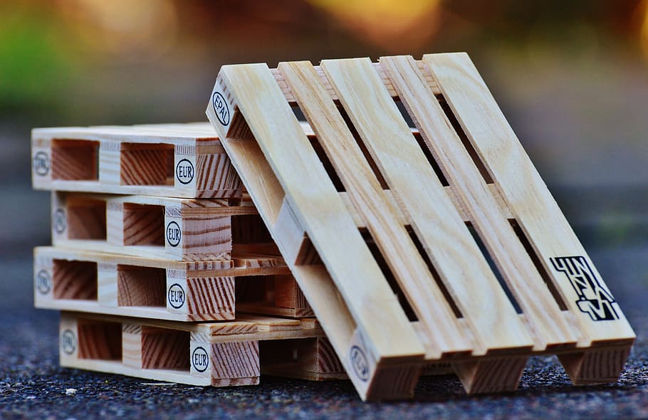 five beige wooden pallet, euro pallets, stack, industry, stacked HD wallpaper