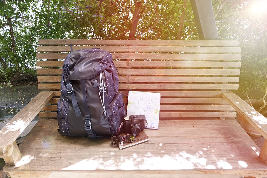 wood, bench, landscape, nature, accessories, backpack, book, camera HD wallpaper