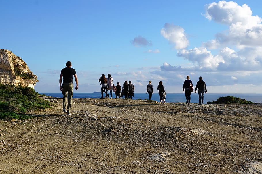 people walking on mountain near body of water, People, Group, HD wallpaper