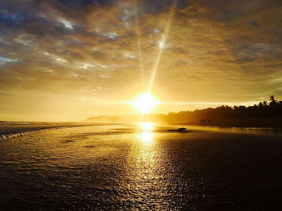 body of water during golden hour, sunset, ocean, coast, evening HD wallpaper