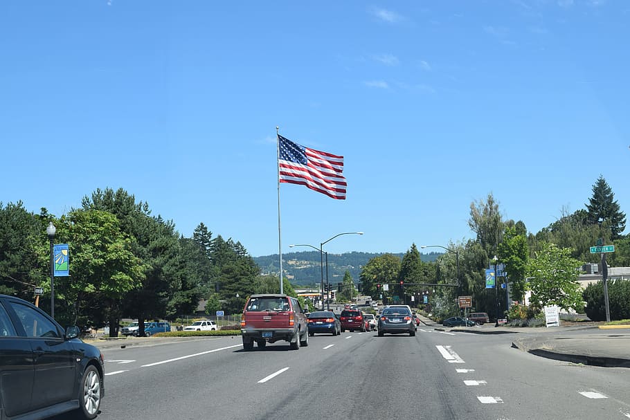 Flag, Usa, Road, Fourth, sky, fourth july, 4th july, fourth of july, HD wallpaper