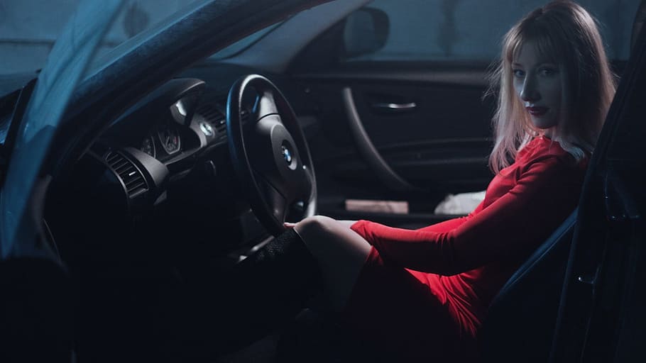woman in red top inside a car, girl in car, in a red dress, behind the wheel, HD wallpaper