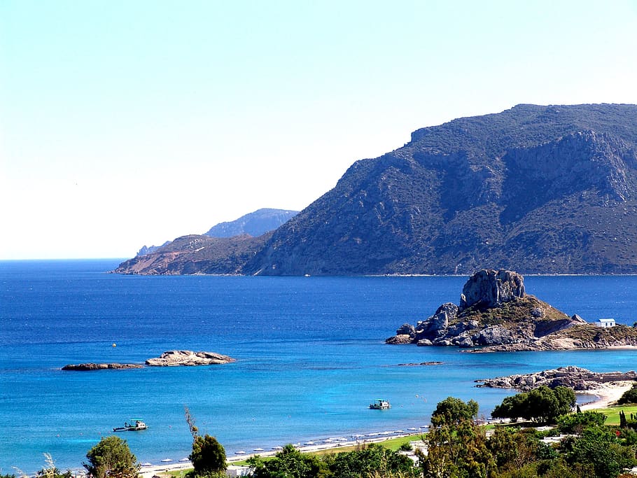 clear blue beside mountain, greece, kos island, blue bay, water, HD wallpaper