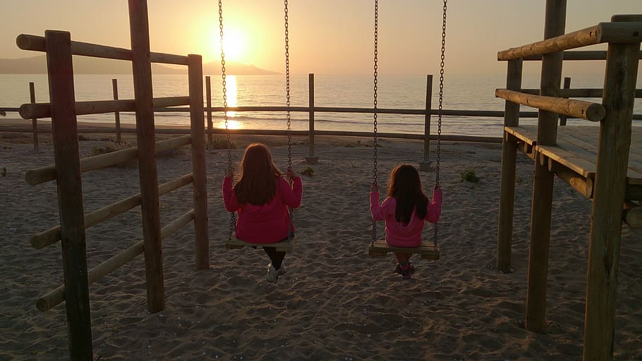 sunset, colors, beach, landscape, background, orange, swing HD wallpaper