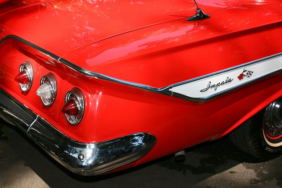 impala, red, car, old car, rear drive, mode of transportation HD wallpaper