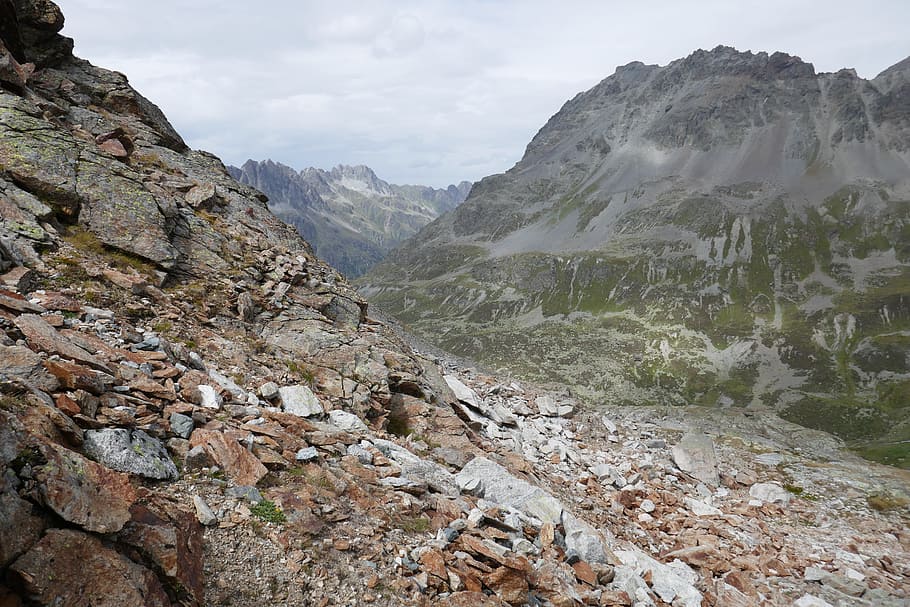 mountains, stones, nature, clouds, rock, sky, boulders, hill HD wallpaper