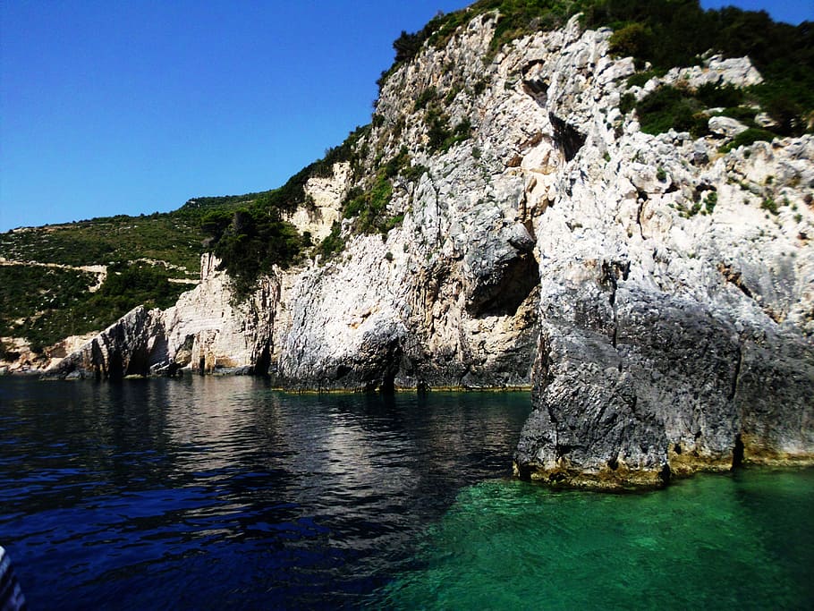 cave, sea, landscape, stone, nature, cliff, water, blue, ocean HD wallpaper