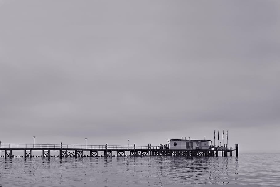boardwalk, jetty, water, web, pier, port, lake constance, fog HD wallpaper
