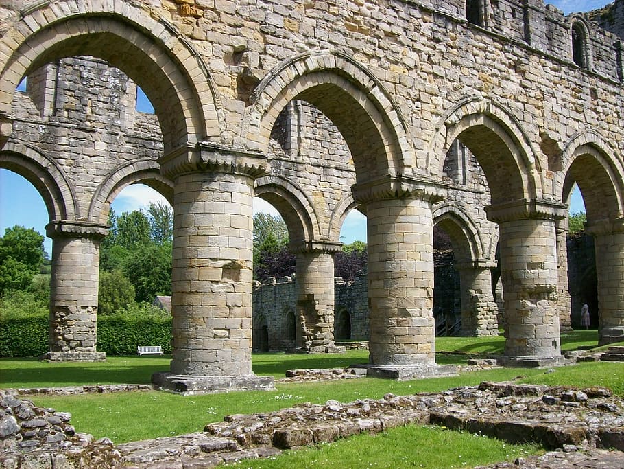 gray brick ruins, buildwas abbey, england, great britain, columns, HD wallpaper