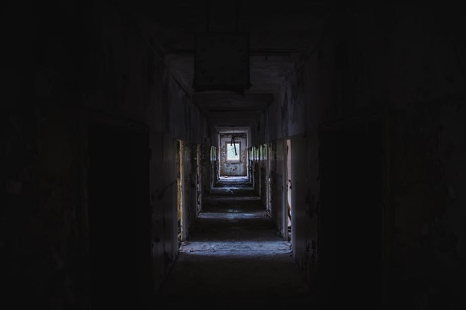 alley of abandoned building, architectural photography of hallway