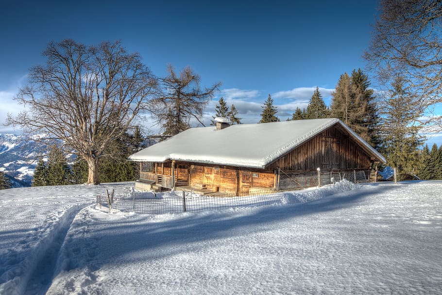 snow covered house, mountains, hut, alpine, alm, alm hut, winter HD wallpaper