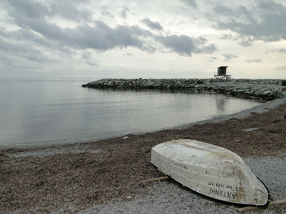 beach, pieria, boat, sea, coastline, water, cloud - sky, land HD wallpaper