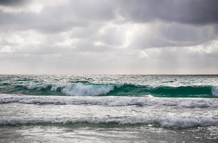 wave, beach, water, summer, sea, clouds, seaside, motion, sport HD wallpaper