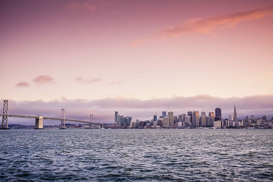 San Francisco Evening Skyline and Bay Bridge at Sunset, architecture, HD wallpaper