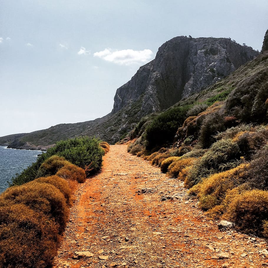 road, path, grass, mountain, highland, coast, sea, water, sky HD wallpaper