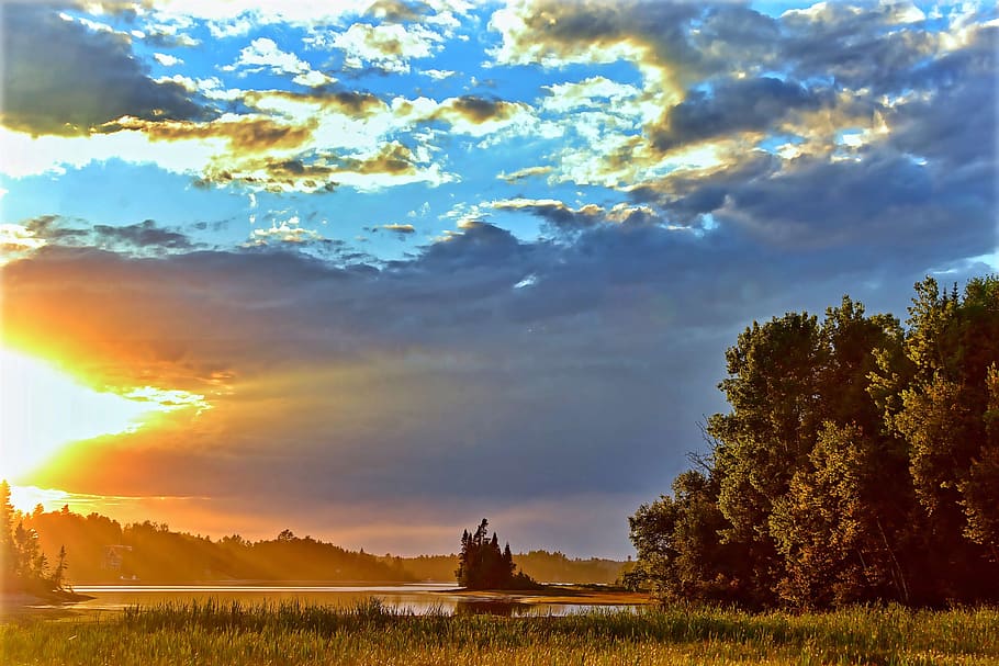 landscape, sunset, twilight, evening, clouds, lake, water, trees HD wallpaper