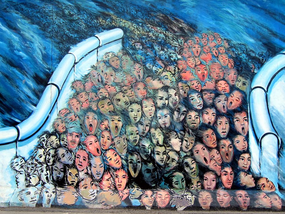 people on bridge painting, graffiti, berlin wall, human, faces