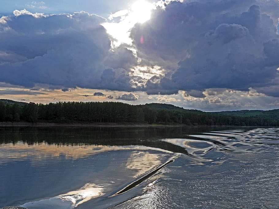 Danube, abendstimmung, shipping, bow wave, mirroring, underflow HD wallpaper