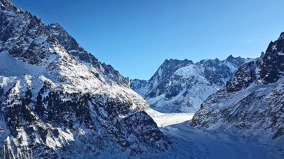 snow-covered mountain range, blue, sky, cold temperature, winter HD wallpaper