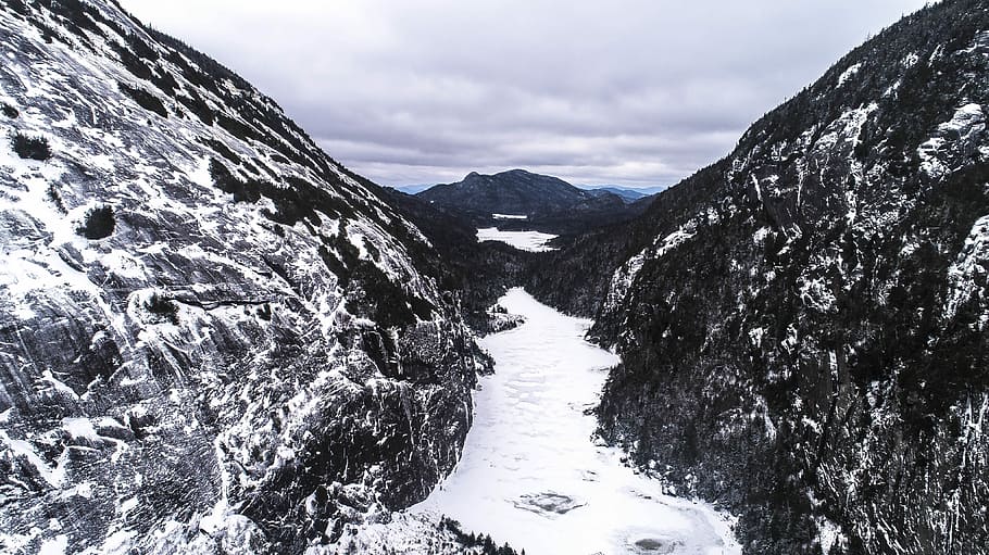 landscape photography of river in between rocks, high angle view of snow land HD wallpaper