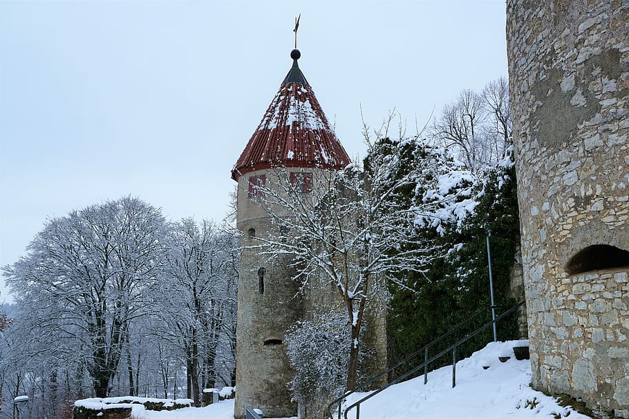 winter, snow, architecture, old, gothic, travel, palace, tree HD wallpaper