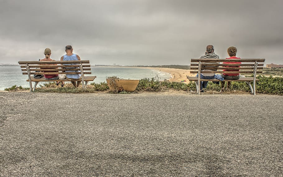 Hd Wallpaper Four Person Sitting On Two Benches Beach Chair