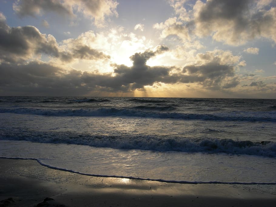 sunset, ocean, clouds, beach surf, sea, water, outside, evening HD wallpaper